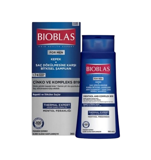 BIOBLAS ШАМПОАН ЗА МЪЖЕ С МЕНТОЛ И B19 ПРИ КОСОПАД И ПЪРХОТ 360МЛ
